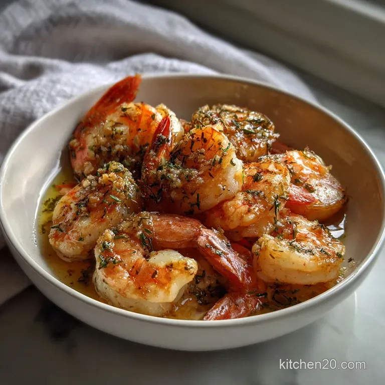 Elegant arrangement of shrimp on a white plate, showcasing a velvety glaze and garnished with fresh herbs. Ready to eat!