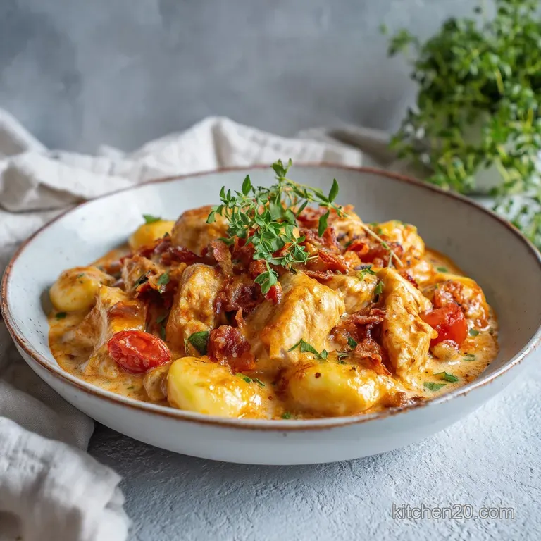 Perfectly plated gnocchi with seared chicken, glistening sauce, fresh herbs, and cracked black pepper, inviting and warm.