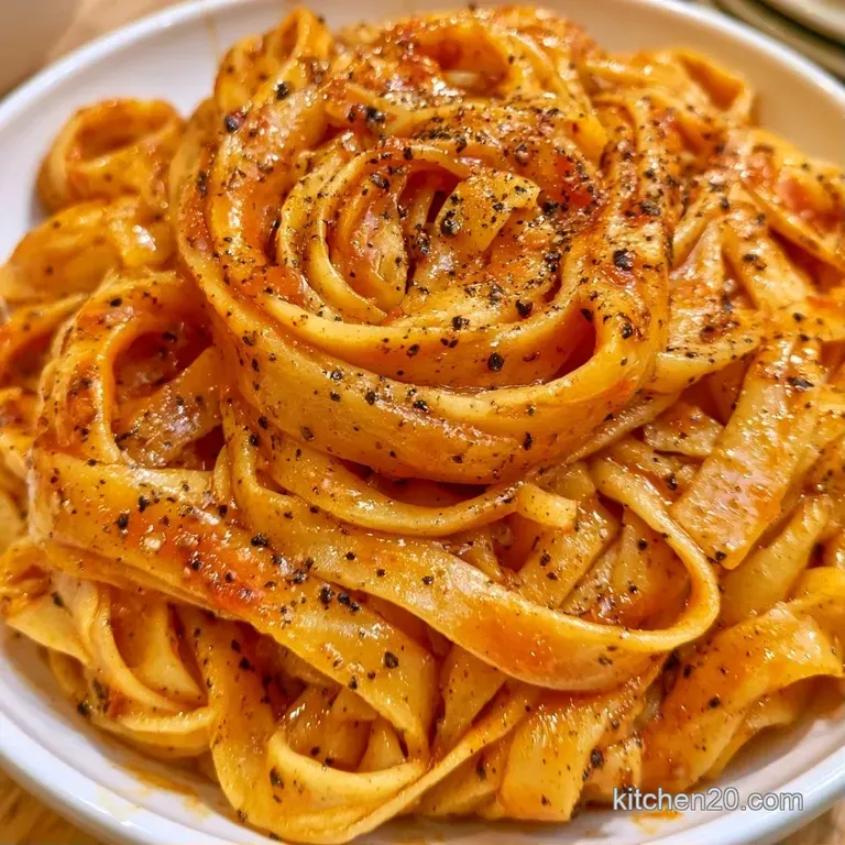 Swirled nest of buttery yellow noodles on a white ceramic plate, topped with golden garlic and a sprig of parsley.