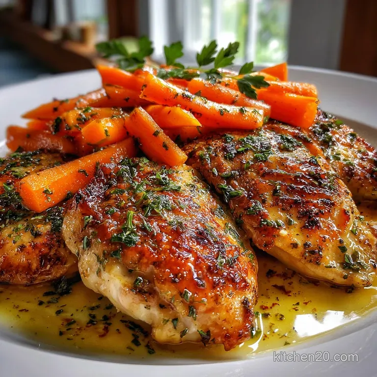 Plated chicken and carrots drizzled with sauce. Tender chicken with crispy skin, colorful carrots and fresh herbs.