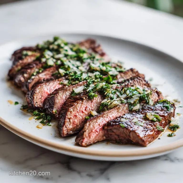 A perfectly grilled flank steak, seared and sliced, artfully arranged with vibrant green herb garnish and a touch of lemon.