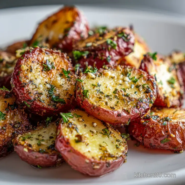 Plated roasted red potatoes, skins blistered and herbs bright, drizzled with oil, create an elegant, rustic side dish pres...