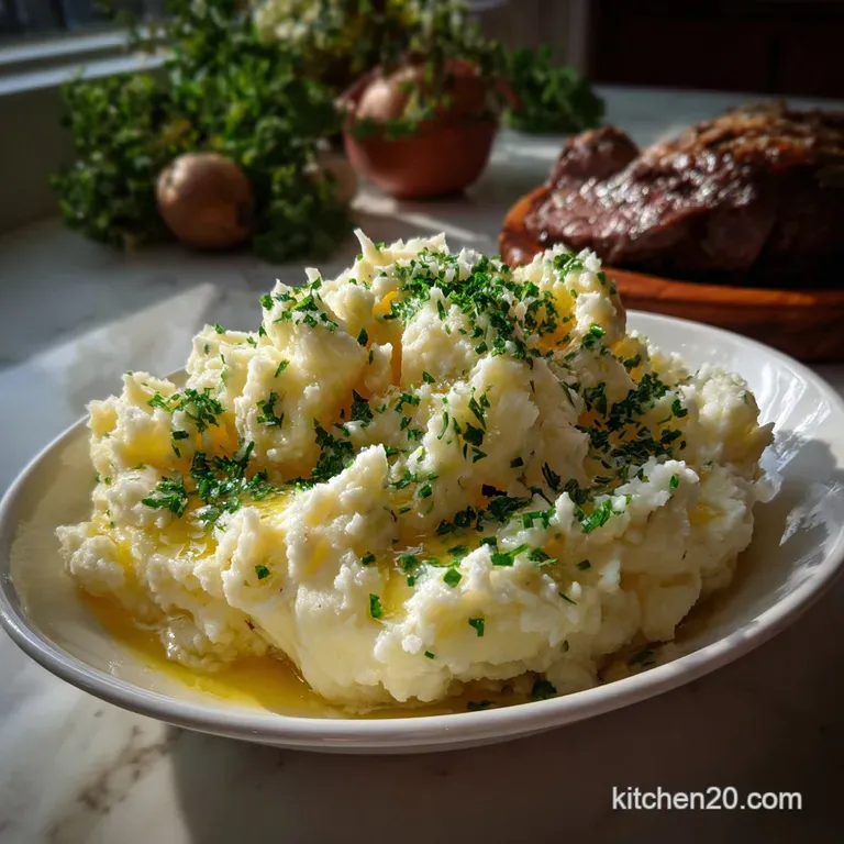Elegant plate featuring a thick-cut prime rib steak, creamy mashed potatoes with chives, and glistening pan jus. A gourmet...
