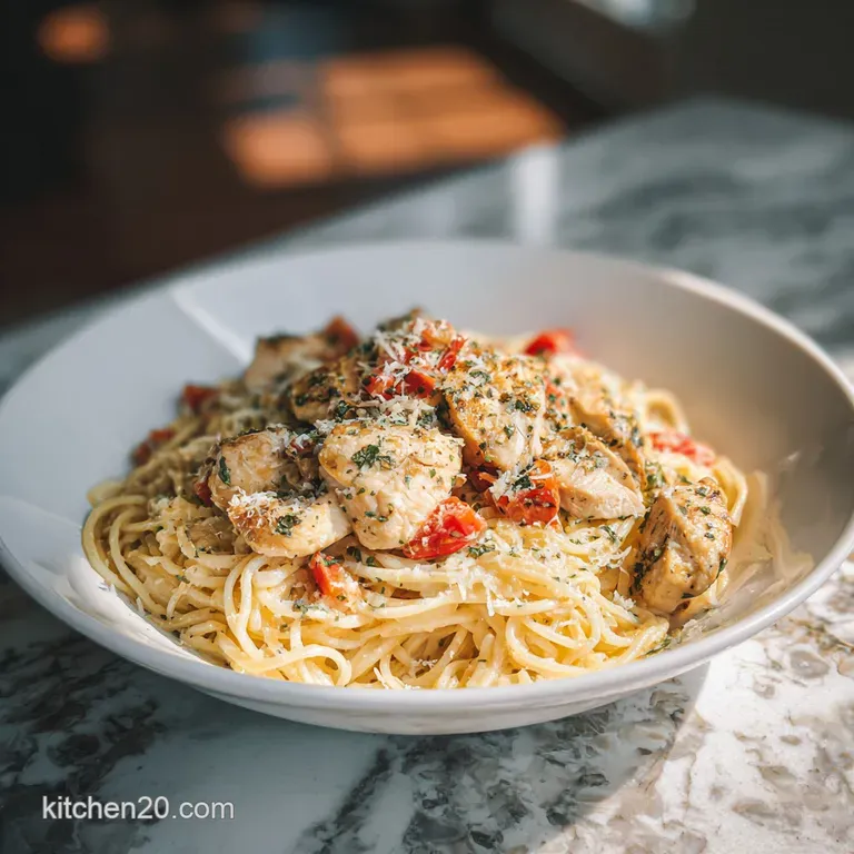 A twirled forkful of parmesan-coated spaghetti with juicy chicken, showcasing the rich, creamy texture of the delightful d...