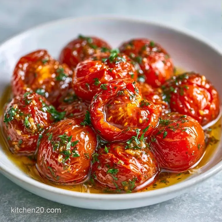 Roasted red tomatoes and toasted garlic in a white bowl, drizzled with olive oil and garnished with basil leaves.