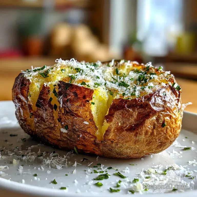 Perfectly baked potato halves sprinkled with coarse sea salt and garlic, arranged elegantly on a rustic wooden board.