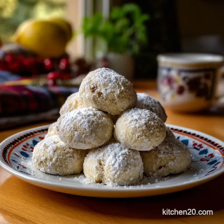 Elegant trio of gluten-free tea cakes, generously coated in white powdered sugar, artfully placed on a delicate, patterned...