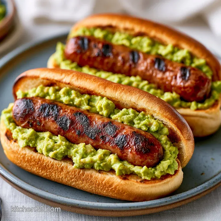 Platter of toasted buns with grilled sausages, drizzled in creamy avocado sauce and sprinkled with fresh herbs.