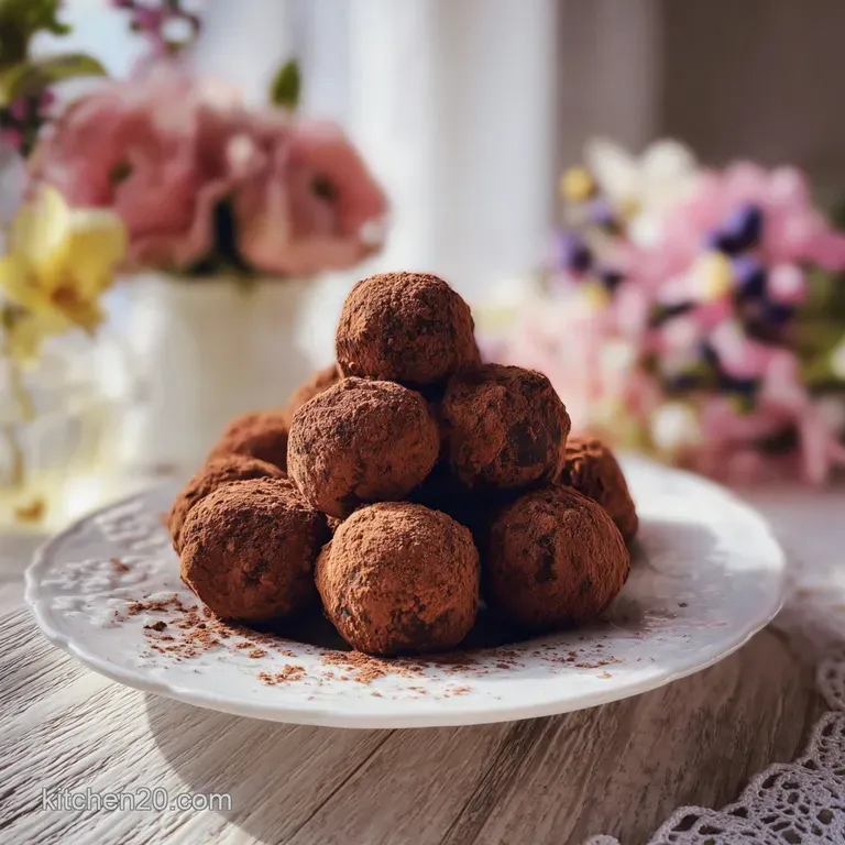 Elegant dark chocolate truffles displayed on a delicate porcelain plate. Cocoa dusting evokes earthy notes, promising a ri...