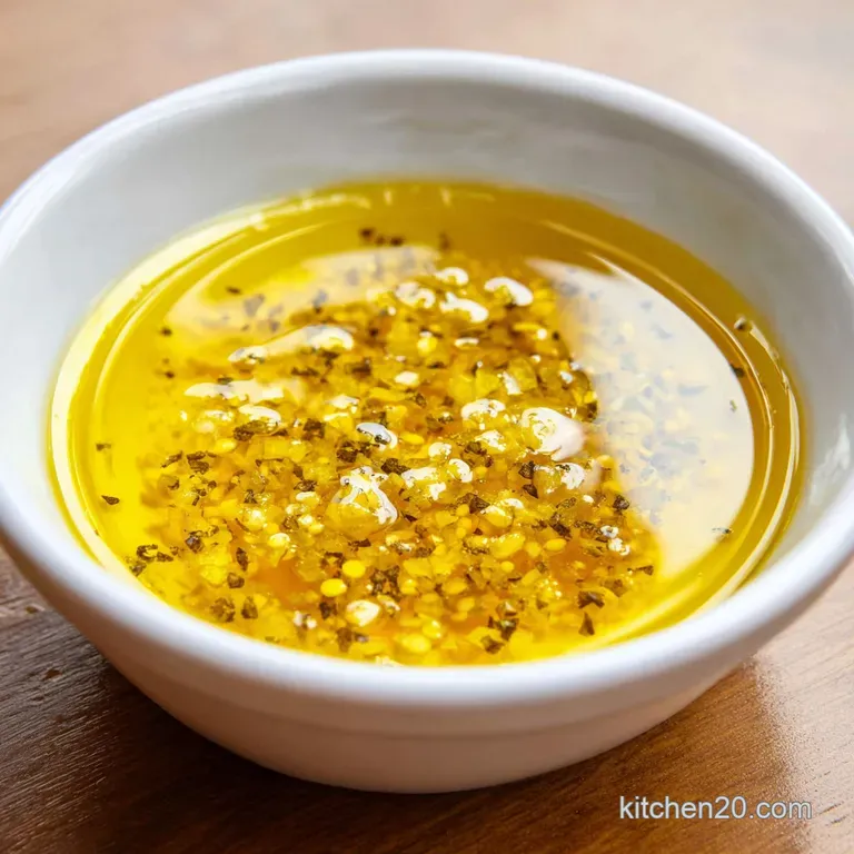 Golden vinaigrette in a white ceramic bowl beside a fresh garden salad on a bright, polished marble surface.