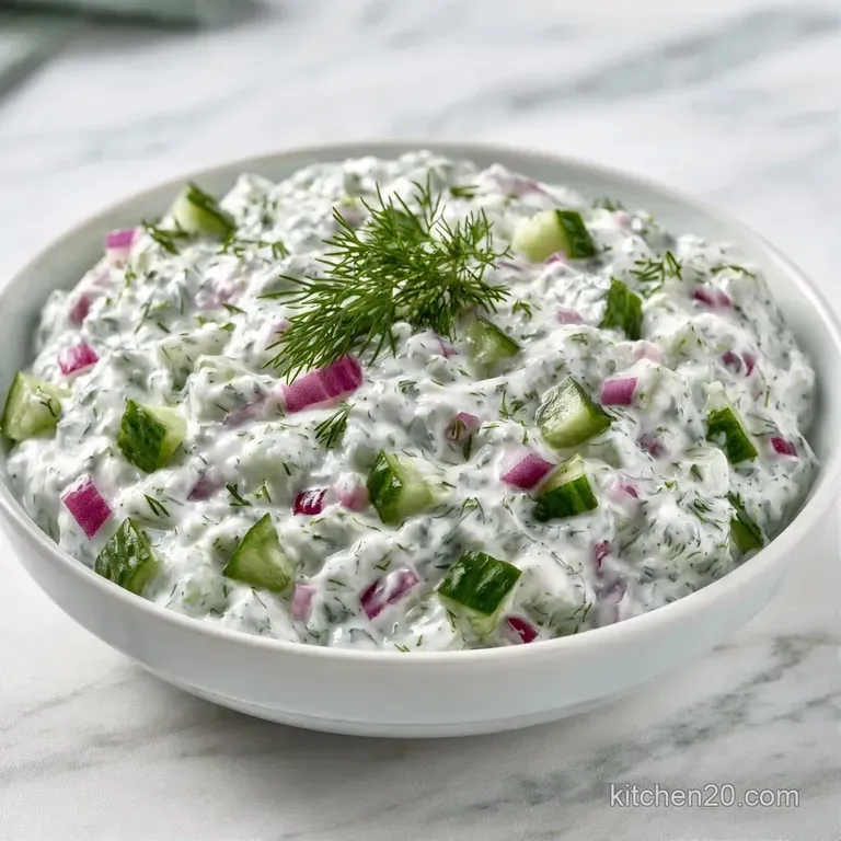 Chilled cucumber chunks in creamy yogurt served in a white bowl, garnished with a sprig of dill and olive oil
