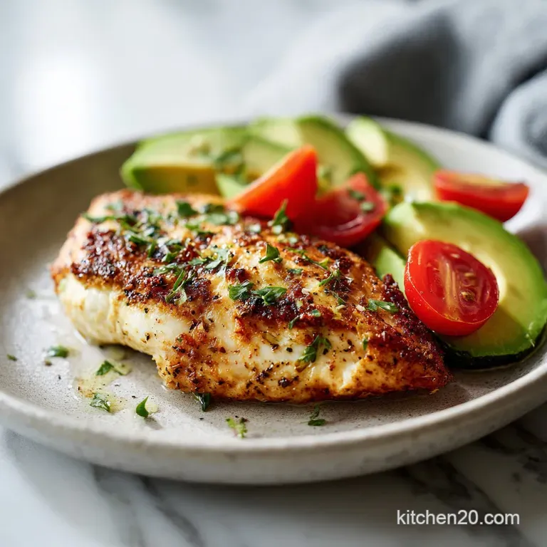 Grilled chicken and avocado slices artfully arranged on a plate, drizzled with a light sauce, vibrant green herbs sprinkle...