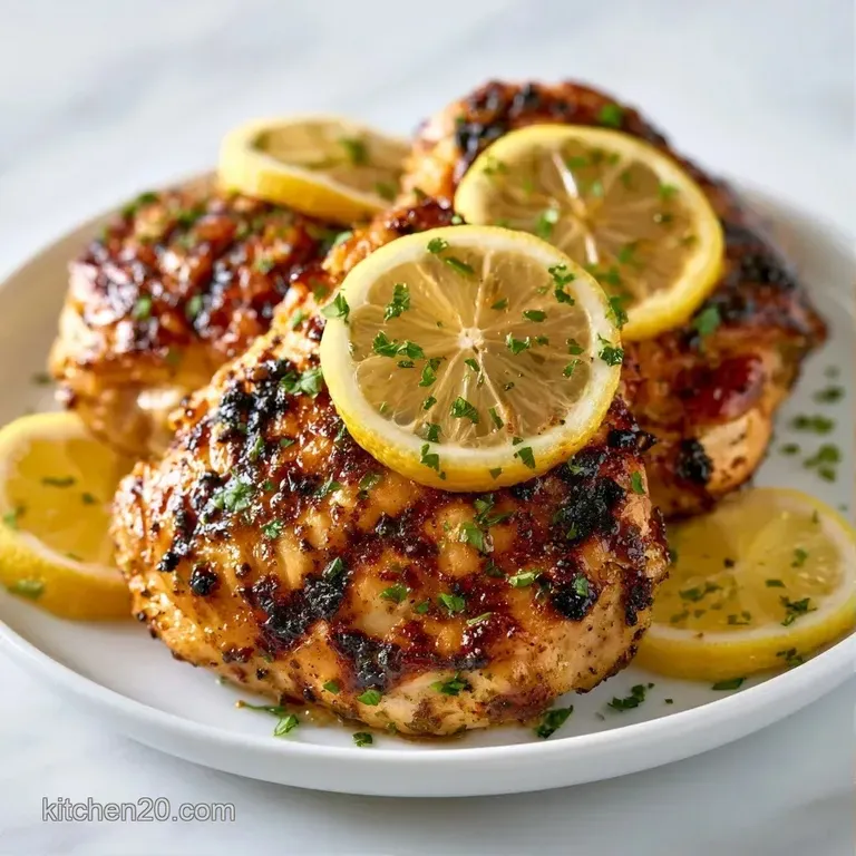 Golden grilled meat arranged on a platter with bright yellow lemon rounds and sprigs of fresh green parsley.