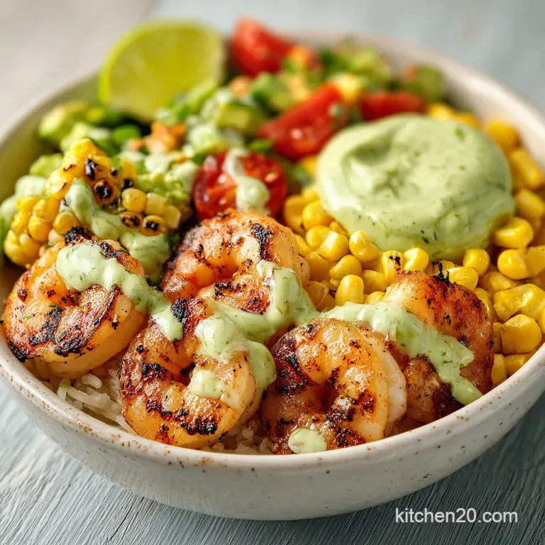 Perfectly arranged shrimp bowl with juicy grilled shrimp, glistening corn salsa, and smooth avocado slices. Delicious and ...