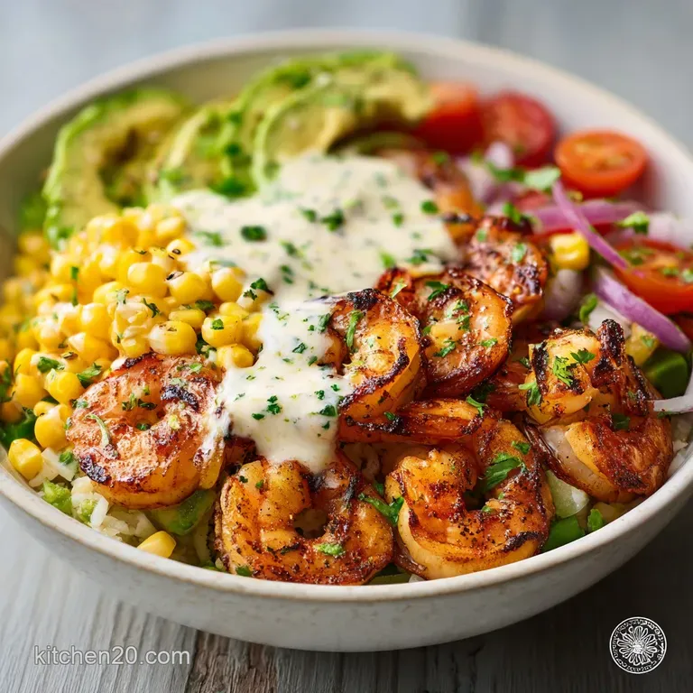 Grilled Shrimp Bowl with Avocado Corn Salsa and Creamy Lime Sauce