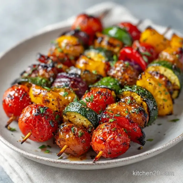 Charred rainbow vegetables arranged on a white porcelain plate, garnished with fresh parsley and a light glaze.