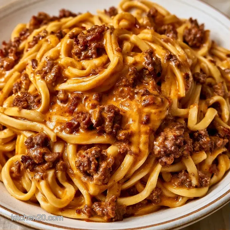 Creamy cheesy pasta and savory ground beef served in a white bowl, garnished with a sprinkle of fresh parsley.