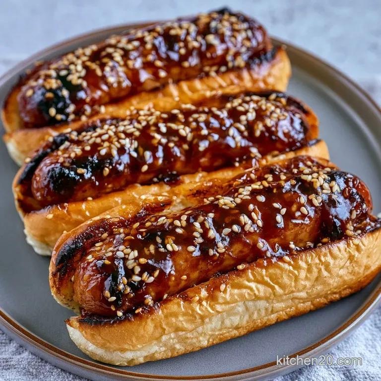 Glossy brown sausages in toasted buns on a white platter, garnished with sesame seeds and vibrant green onions.