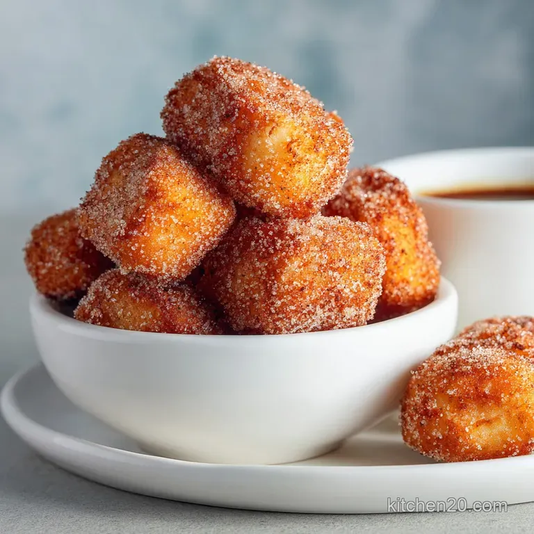 Pile of warm, cinnamon-dusted churro bites on a rustic plate. Soft lighting highlights the sugary coating and golden edges.