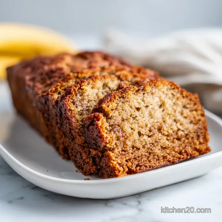 Artfully sliced banana bread arranged with a drizzle of honey and fresh fruit on a white plate.