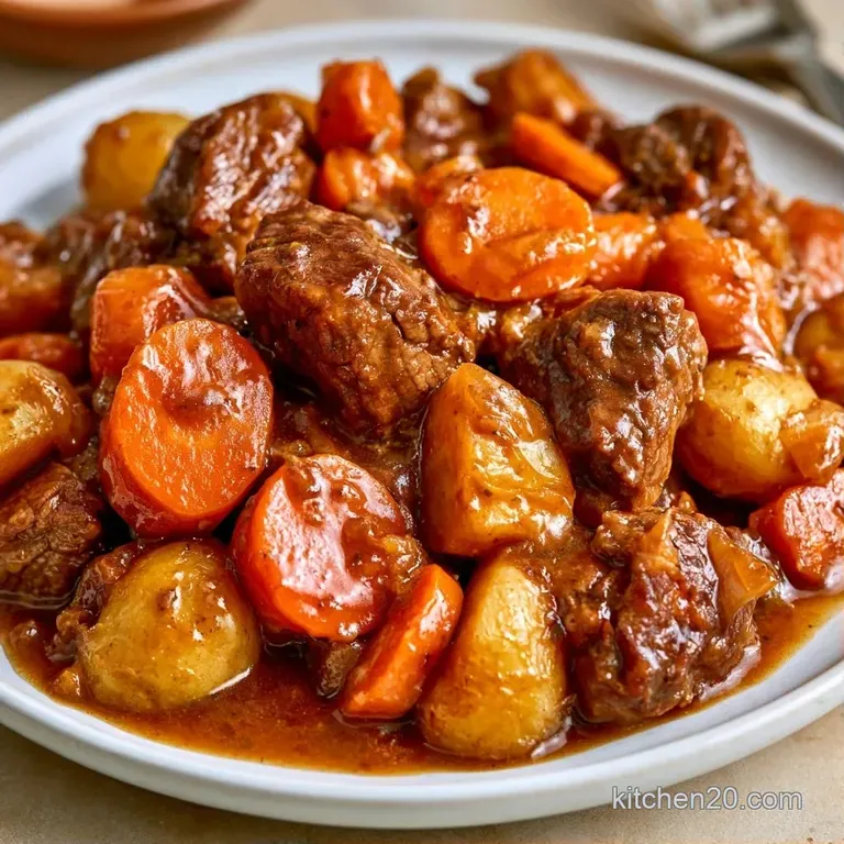 Steaming beef stew in a rustic bowl, garnished with fresh herbs and served beside a slice of toasted sourdough bread.