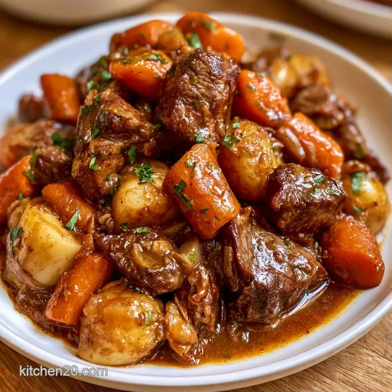 Plated tender beef slices accompanied by vibrant orange carrots and baby potatoes, drizzled with a glossy brown sauce.