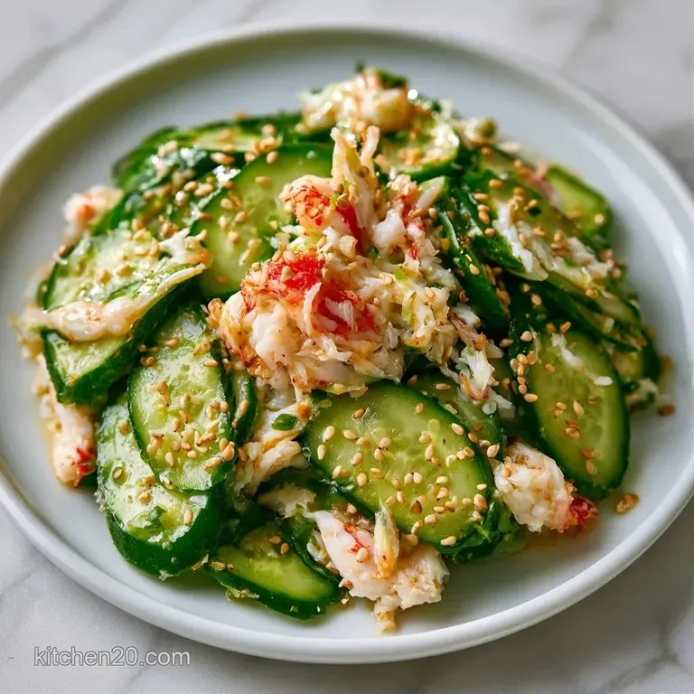 Fresh seafood salad arranged in a glass bowl with bright green cucumber slices and a sprinkle of fresh chives.