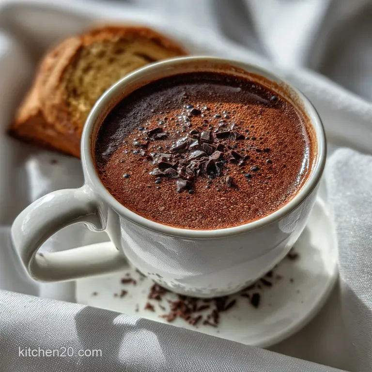 Elegant glass of steaming dark hot chocolate, topped with whipped cream and a dusting of cocoa. Cozy and comforting drink.