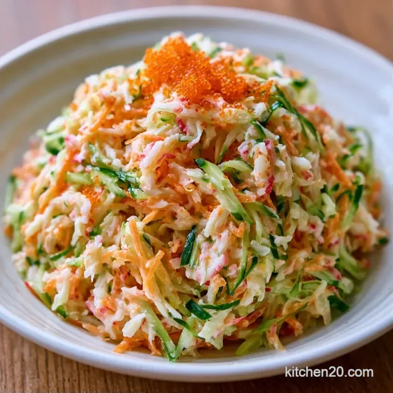Fresh shredded seafood and vegetables piled high in a clear glass bowl, topped with toasted black sesame seeds.
