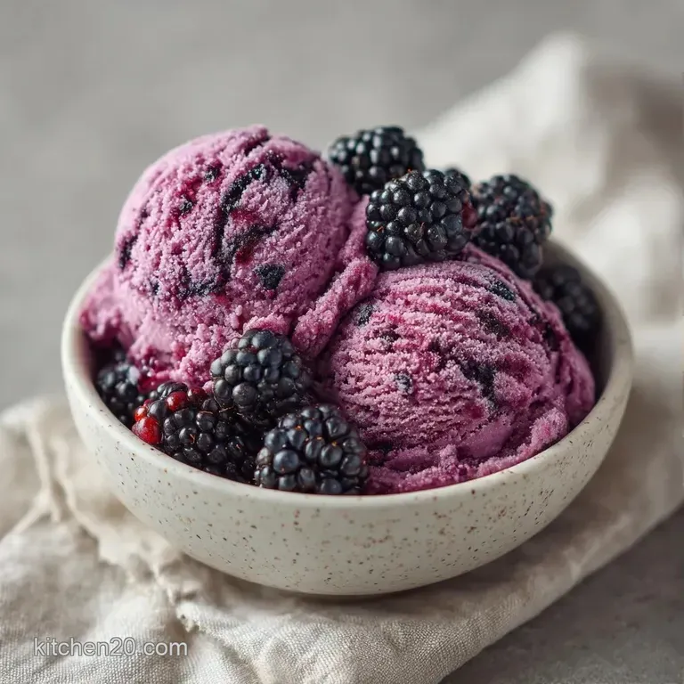 A single deep violet scoop on a ceramic plate, drizzled with berry syrup and garnished with a fresh sprig of mint.