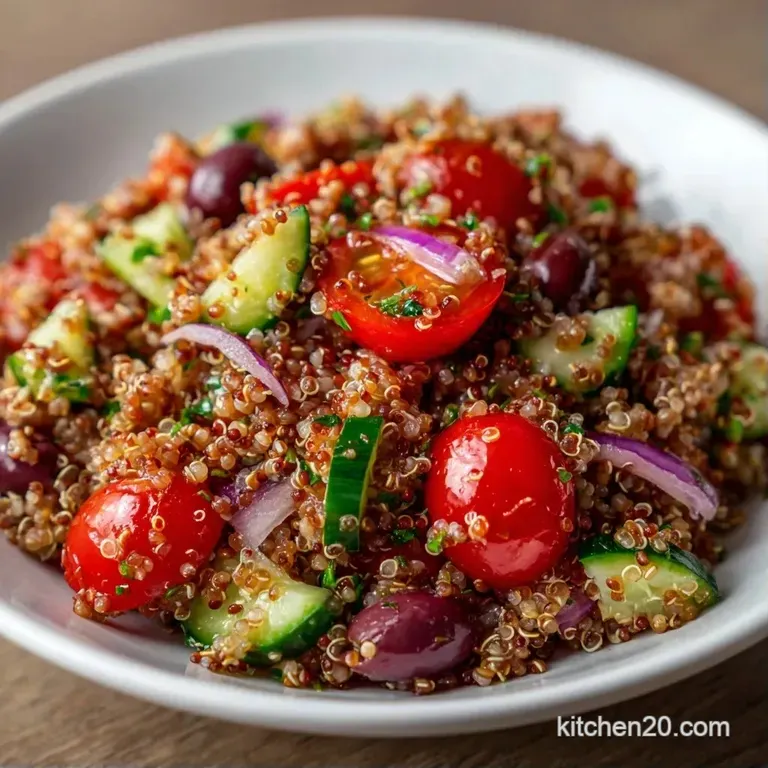 Colorful grain bowl with diced cucumber and red pepper topped with fresh herbs on a light wooden table surface.