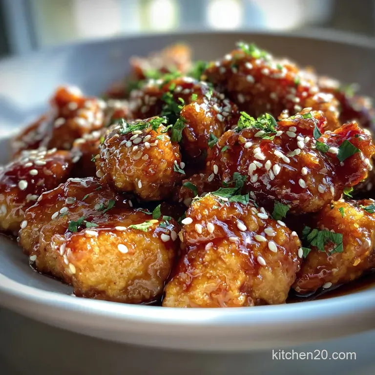 Crispy sesame chicken on white rice, garnished with green onions. Sauce glistens. Served on a modern white plate.