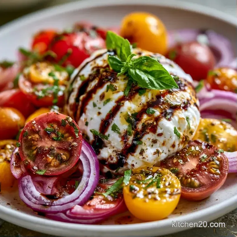 Bright red and yellow tomato slices encircling a creamy white cheese ball, garnished with fresh basil and olive oil.