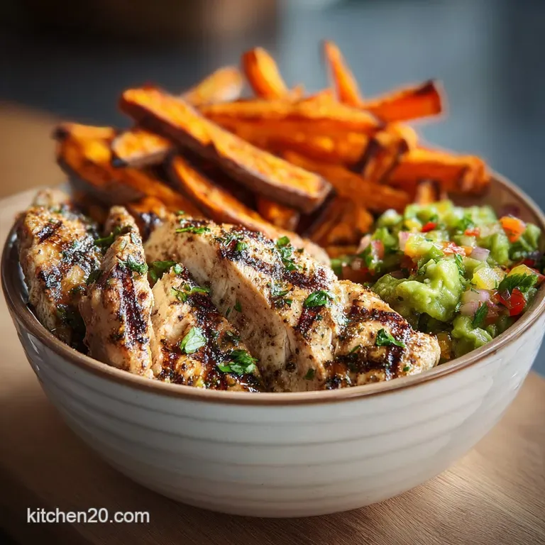Grilled chicken and sweet potato fries artfully arranged, topped with a bright avocado salsa, showcasing fresh, colorful i...