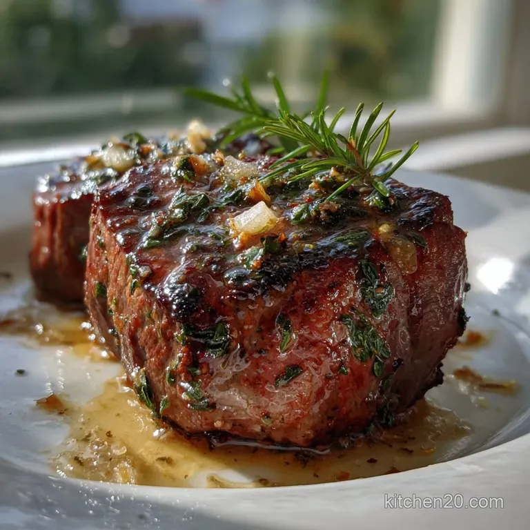 Elegant plate showcasing slices of juicy, pink-centered tenderloin. Garnished with fresh rosemary sprigs and a drizzle of ...