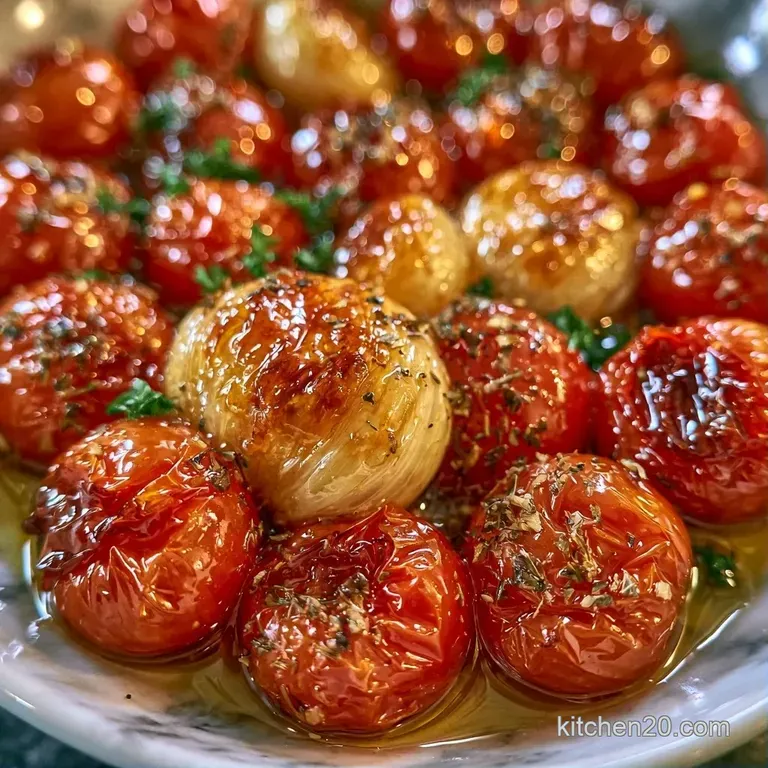 Juicy roasted red tomatoes drizzled with golden olive oil in a white ceramic bowl with a sprinkle of sea salt.