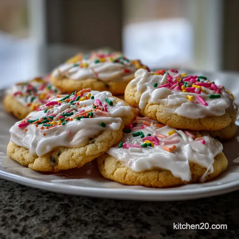 Cookies arranged elegantly on a white platter, each adorned with glossy, hardened icing in varying pastel shades. A refine...