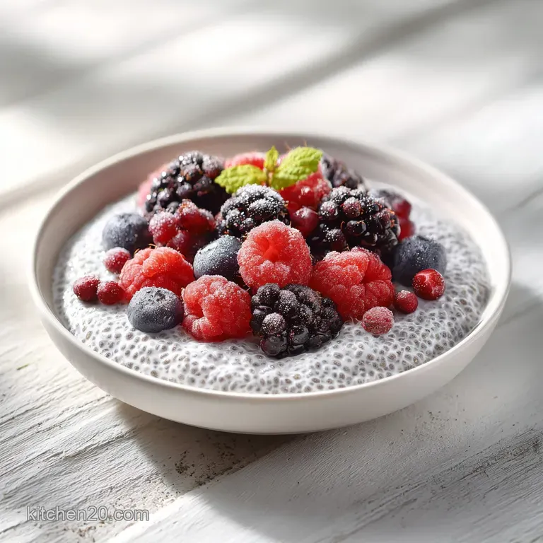 A delicate glass bowl filled with smooth chia pudding, topped with fresh berries and a mint sprig.