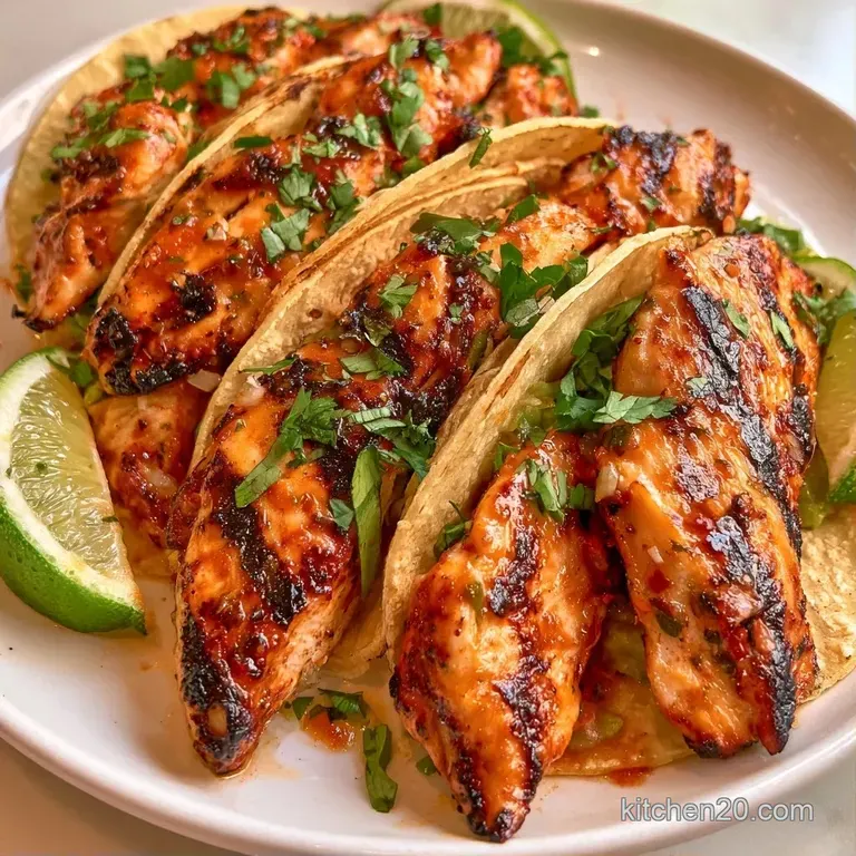 Three warm tacos lined up on a slate platter with lime wedges and a side of zesty, colorful pickled onions.