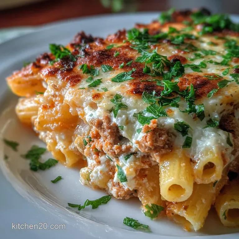 Creamy baked ziti with toasted cheese, a dollop of ricotta, fresh basil, and a drizzle of olive oil in a white bowl.