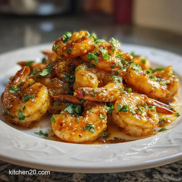 Tender shrimp arranged on a modern white plate, sticky glaze pooling, a sprinkle of sesame seeds, and a hint of fresh cila...