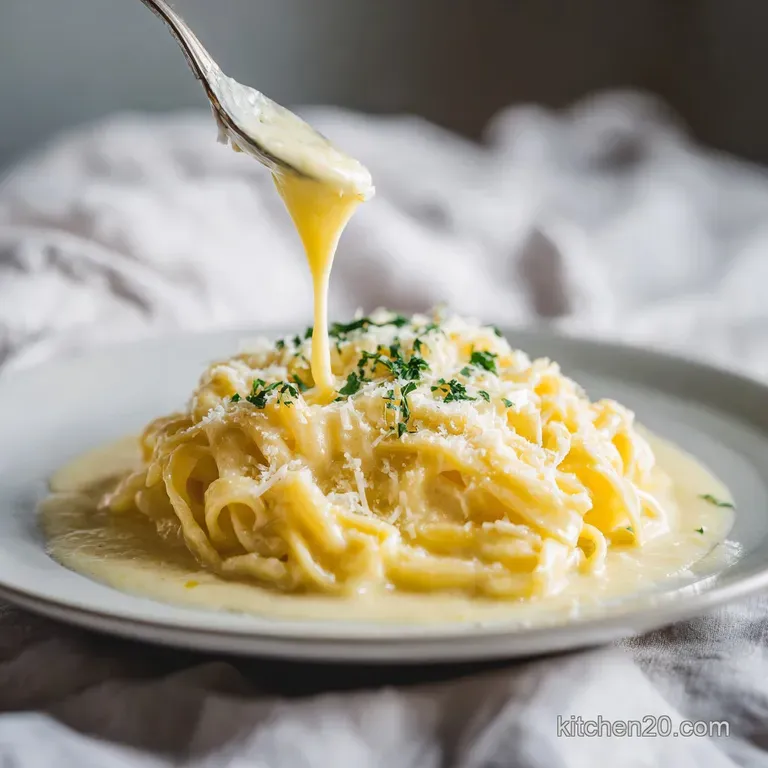 Elegantly twirled fettuccine bathed in creamy alfredo, garnished with a sprinkle of fresh parsley.