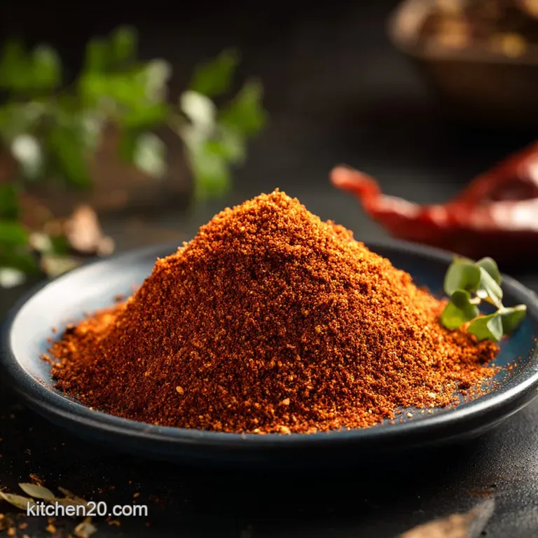 A shallow bowl showcasing a rich, brick-red chili powder mix, artfully swirled with darker spice flecks and a sprinkle of ...