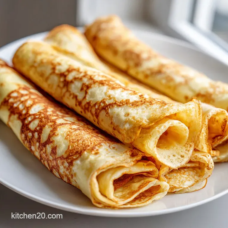 Elegantly stacked crepes, dusted with powdered sugar, drizzled with caramel, and topped with fresh berries.