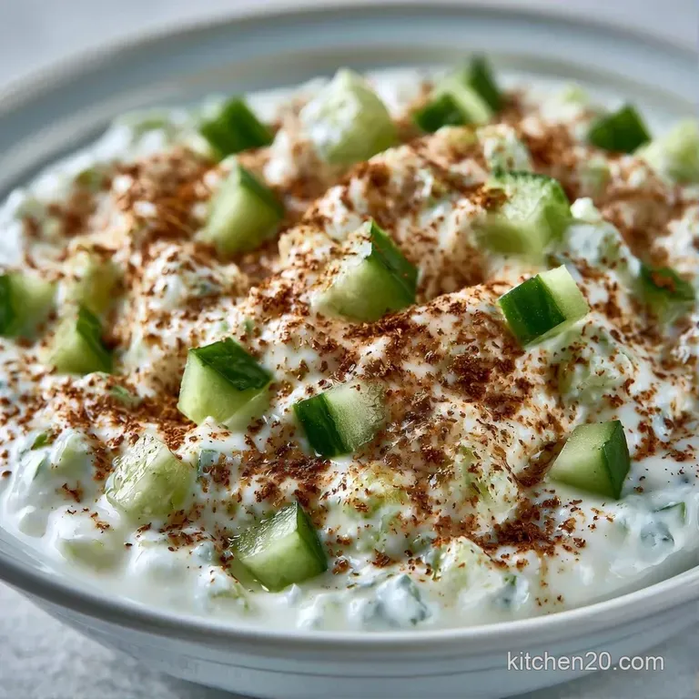 A small ceramic bowl of creamy white yogurt dip with diced cucumbers and mint leaves on a rustic wooden tray.