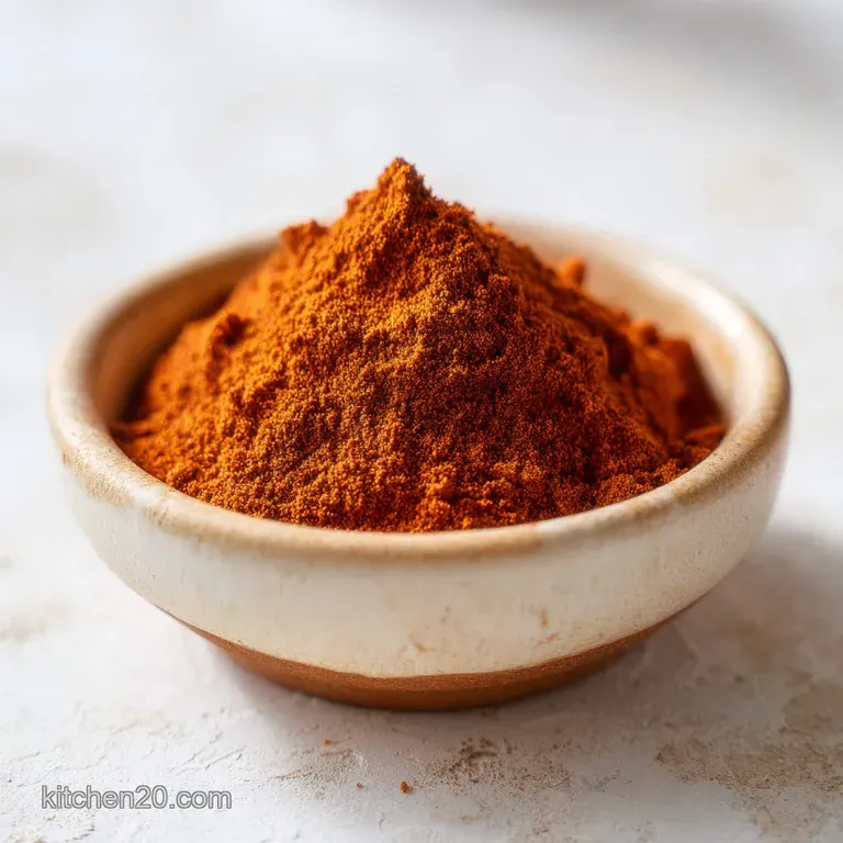 A small ceramic bowl of red-orange spice mix next to a wooden spoon and scattered peppercorns on a stone surface.