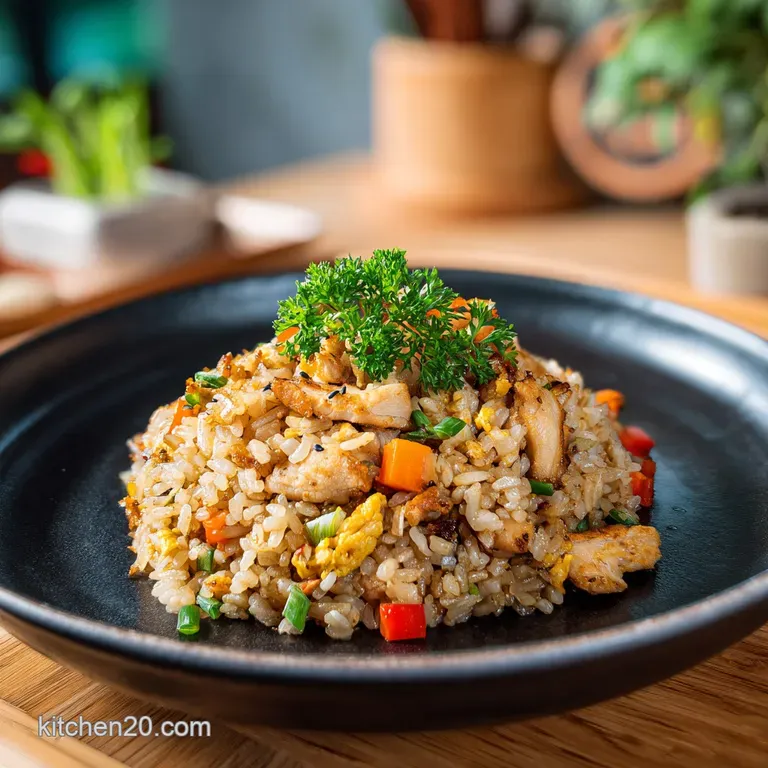 A steaming mound of golden fried rice, glistening with soy sauce and garnished with fresh green onions.