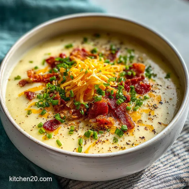 Elegant bowl of steaming potato soup with artistic bacon crumble, cheese swirl and fresh herb garnish; rustic wooden spoon...