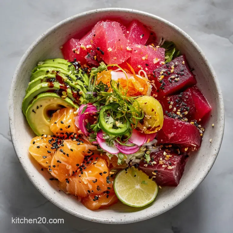 Artfully arranged poke bowl with glistening tuna, bright greens and sesame seeds, hinting at a flavorful and fresh experie...