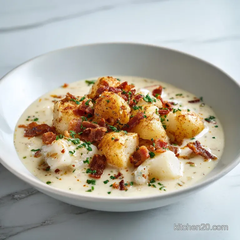 Elegant white bowl of velvety cream soup with steamed seafood and herbs, paired with a crusty slice of toasted bread.
